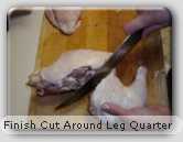Cut through chicken leg quarter joint and remove Cut through chicken leg quarter joint and remove